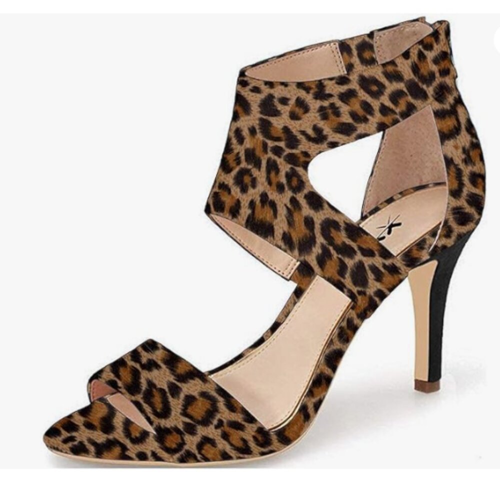 XYD Leopard Open Toe Sandals High Heels Ankle Wrap Strappy Cutout Dress Pumps